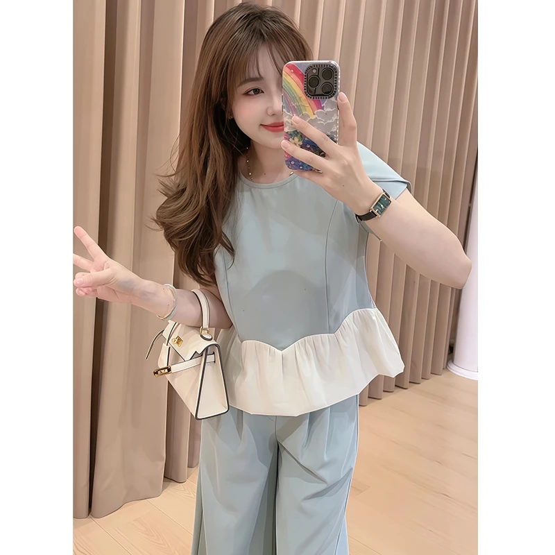 韩版时尚撞色套装女2025年夏季新款荷叶边拼接上衣阔腿裤两件套潮