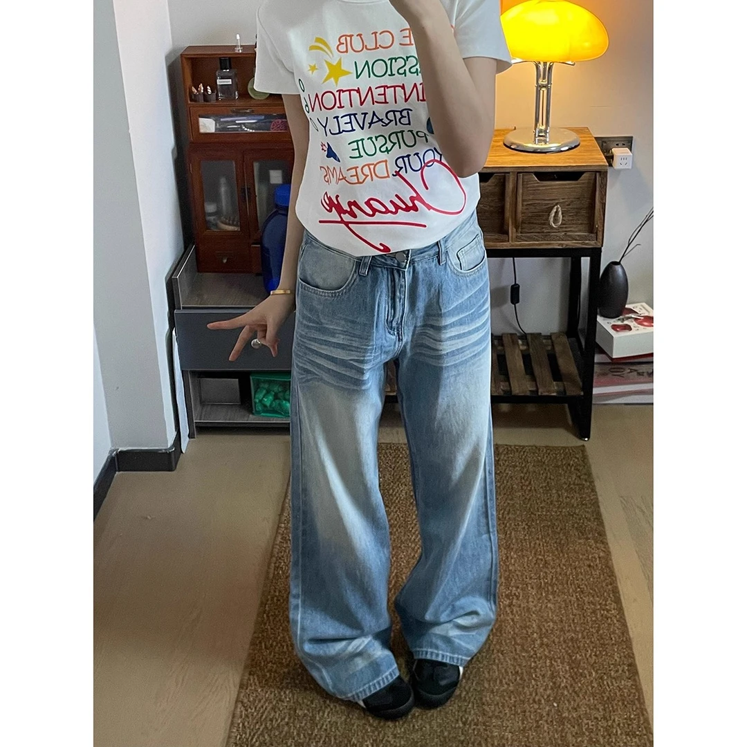 Mr Bense美式复古直筒蓝软牛仔裤男女宽松休闲显瘦垂感猫须潮长裤