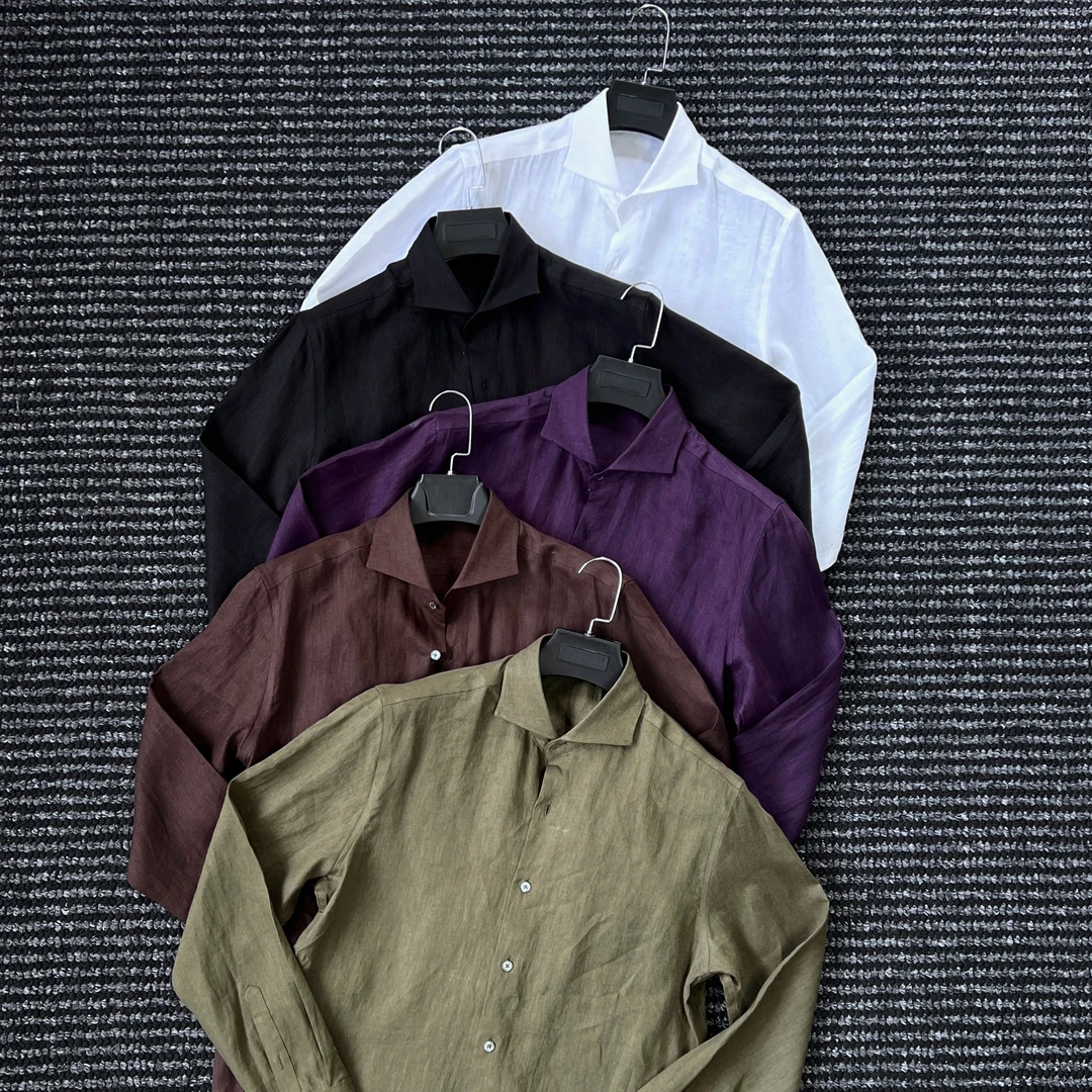 CssuGent那不勒斯皇后高定顶奢温莎领100%亚麻衬衫男透气老钱衬衣