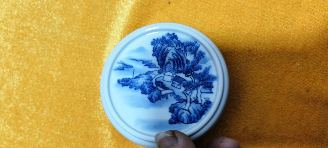 景德镇陶瓷纯手工手绘的青花山水盖置