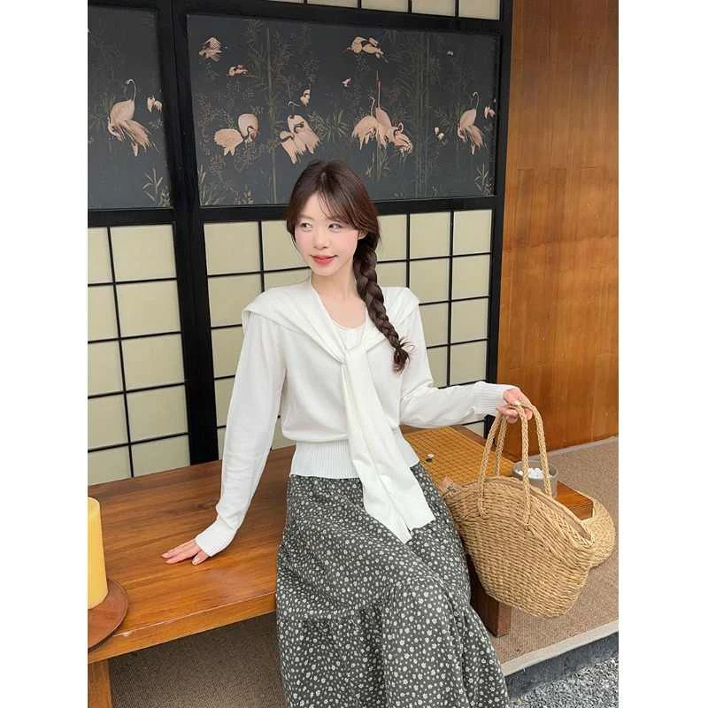 2025春秋季新款韩系松弛感纯色针织开衫女薄款外套搭配披肩两件套