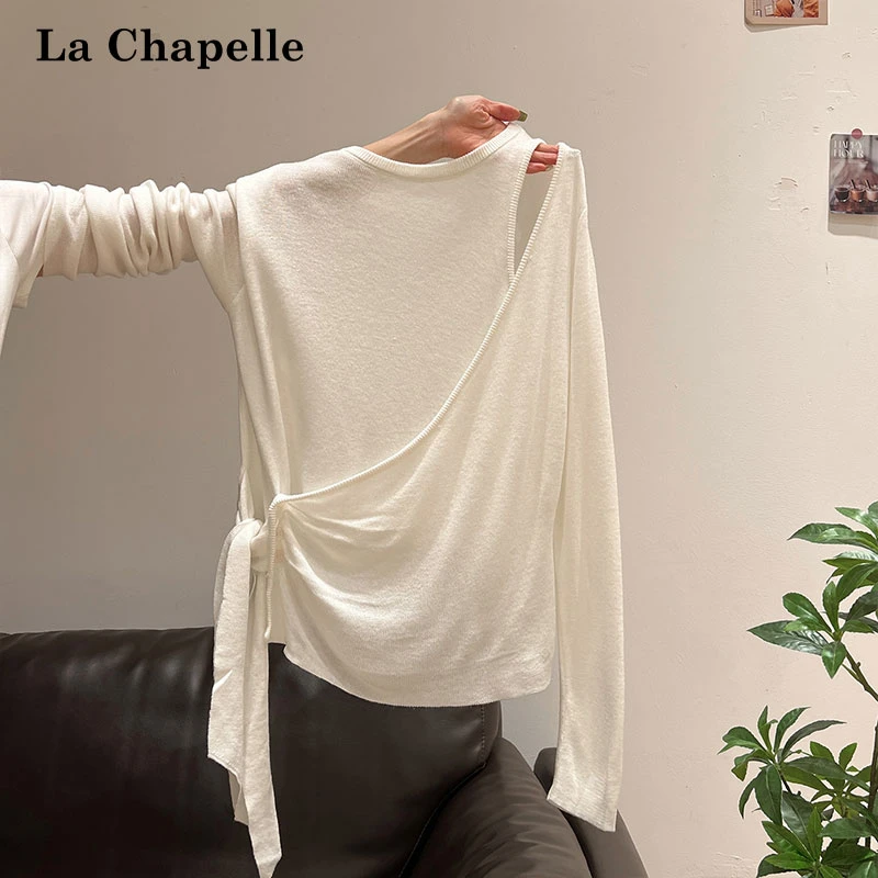 拉夏贝尔假两件纯欲感镂空绑带针织长袖T恤女早秋不对称独特上衣