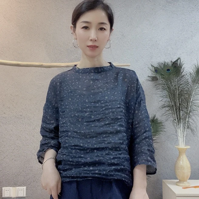 新款苎麻夏季短款洋气百搭一字领苎麻套头衫防晒衫6505