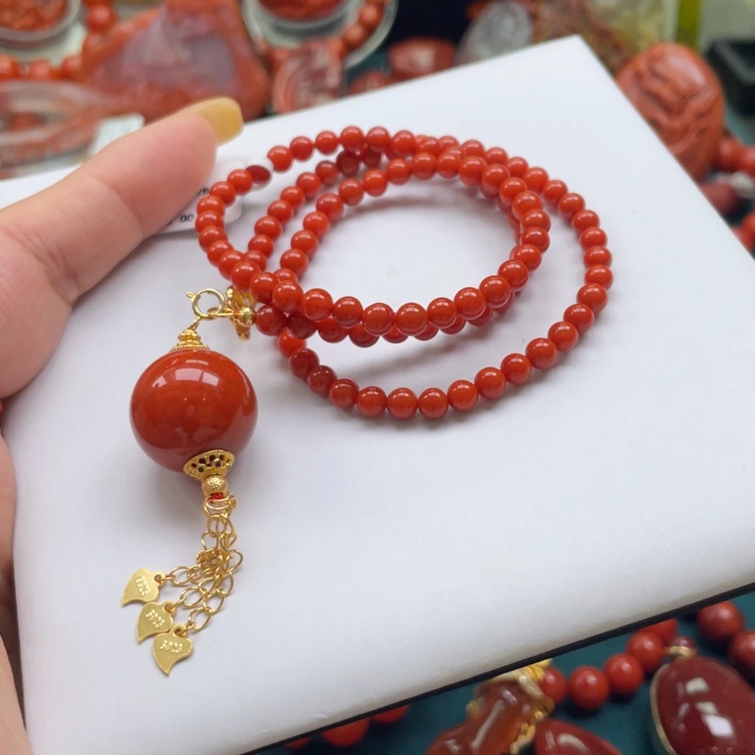 南红玛瑙银S925镶嵌川料南红满肉单珠dly项链