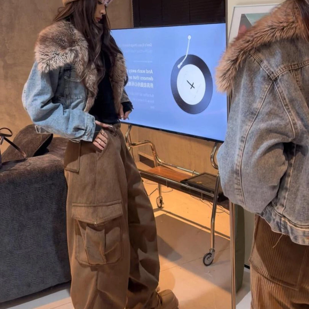 2025秋冬新款美式复古加绒牛仔外套搭配黑色打底灯芯绒休闲裤套装