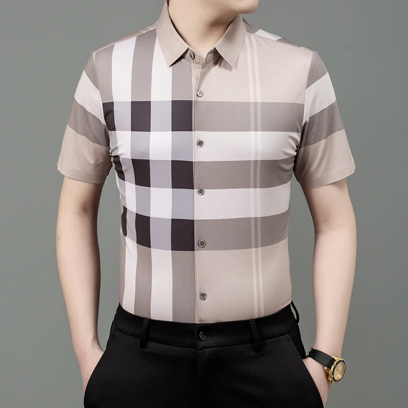 卡尔皮诺3530夏季透气短袖免烫薄款衬衫上衣条纹无痕舒适翻领衬衣