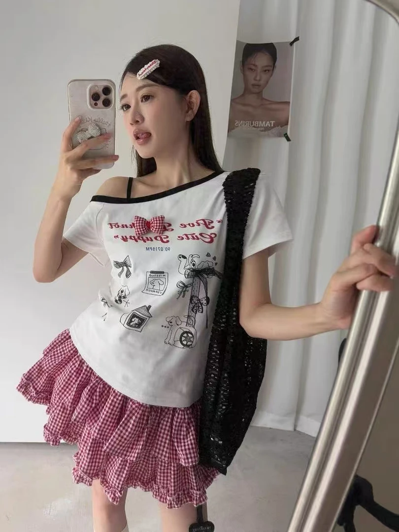 01626 韩系蝴蝶结斜肩短袖T恤