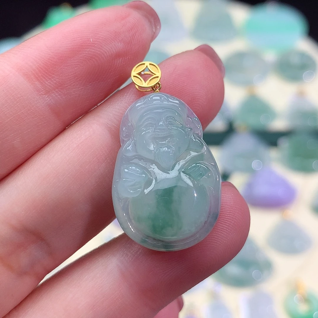 翡翠18K金镶嵌颈饰财神