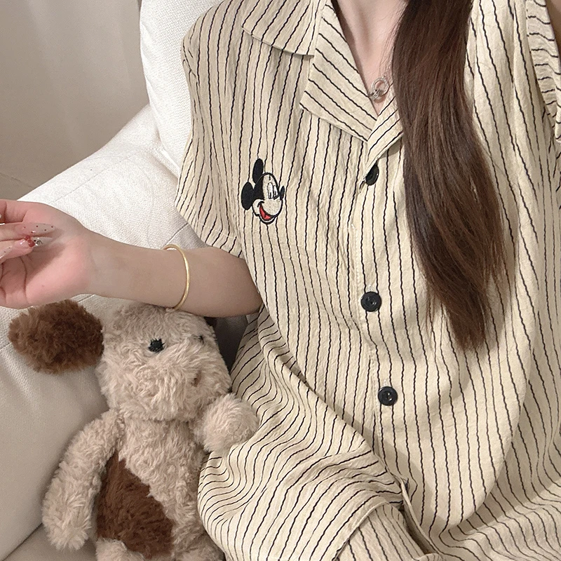 卡其mickey高级睡衣少女风夏季薄款短袖长裤三件套装泡泡棉家居服