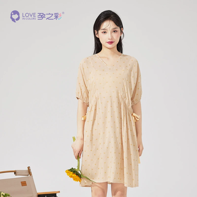 孕之彩孕妇夏季侧腰收腰带 色织格雪纺连衣裙休闲宽松