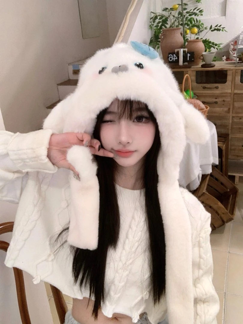 可爱海豹耳朵会动毛绒帽子女冬季保暖防寒护耳雷锋帽学生骑行围脖