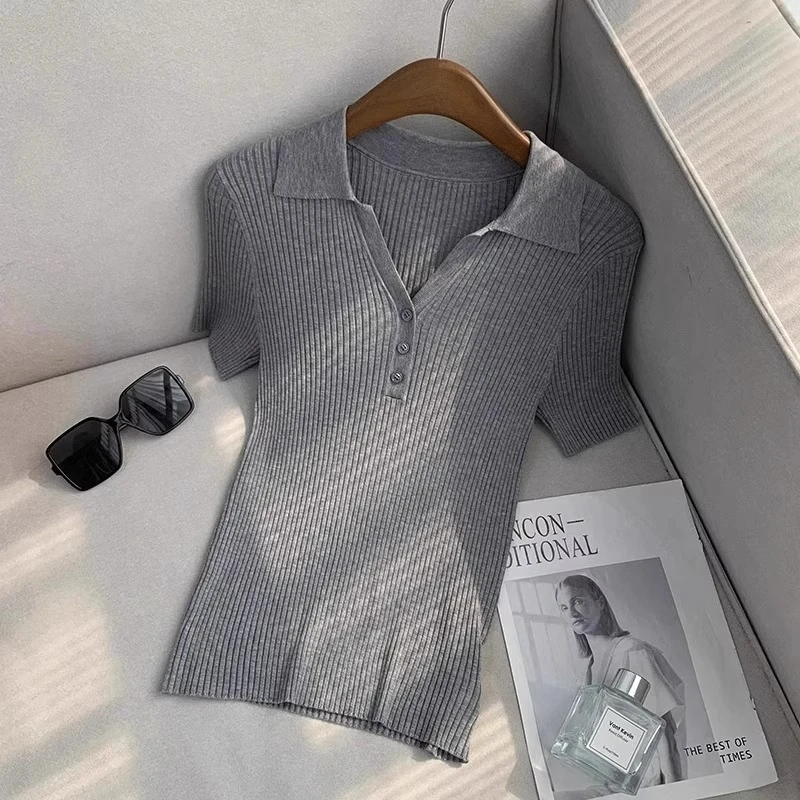 芯娇晴灰色polo领针织短袖t恤女装2025夏季新款气质小衫修身上衣