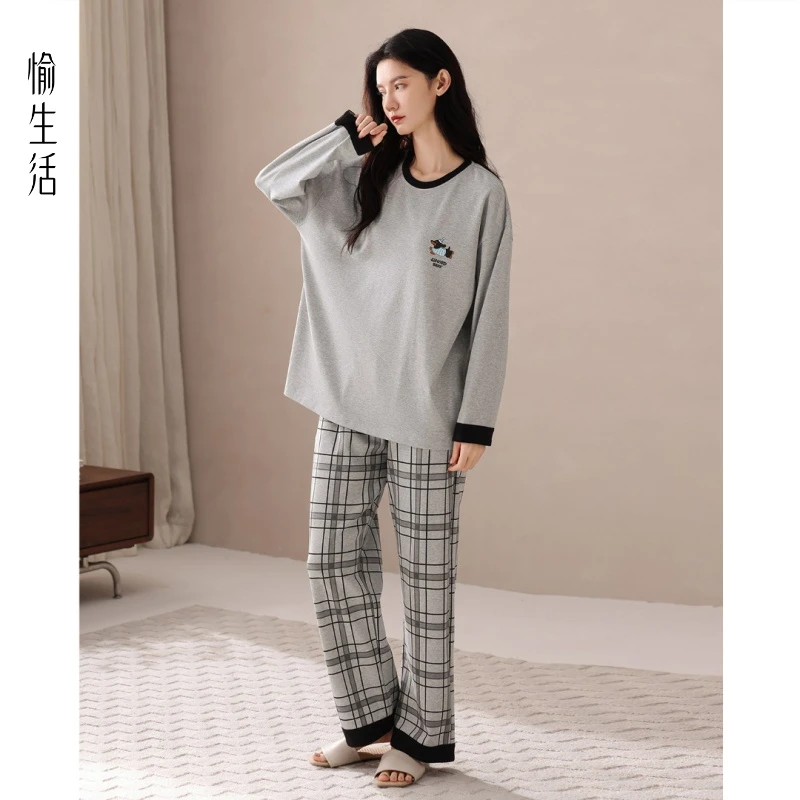 【新疆包邮】春秋带胸垫纯棉拉架睡衣女长裤套头小狗卡通家居服套装