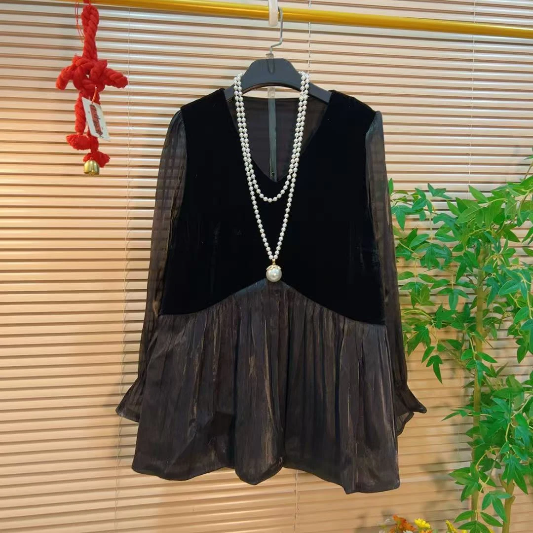 V领长袖拼接显瘦上衣胖YY2025早秋新款法式百搭洋气知性优雅衬衫