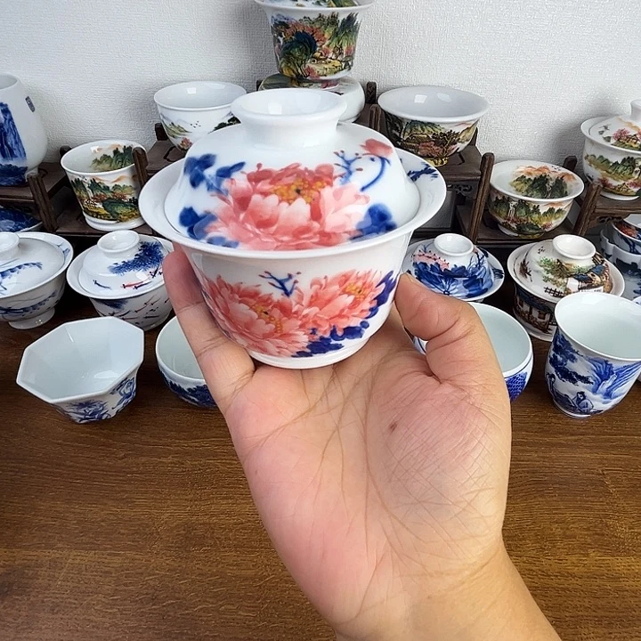 忠意釉下彩红牡丹盖碗微瑕不退