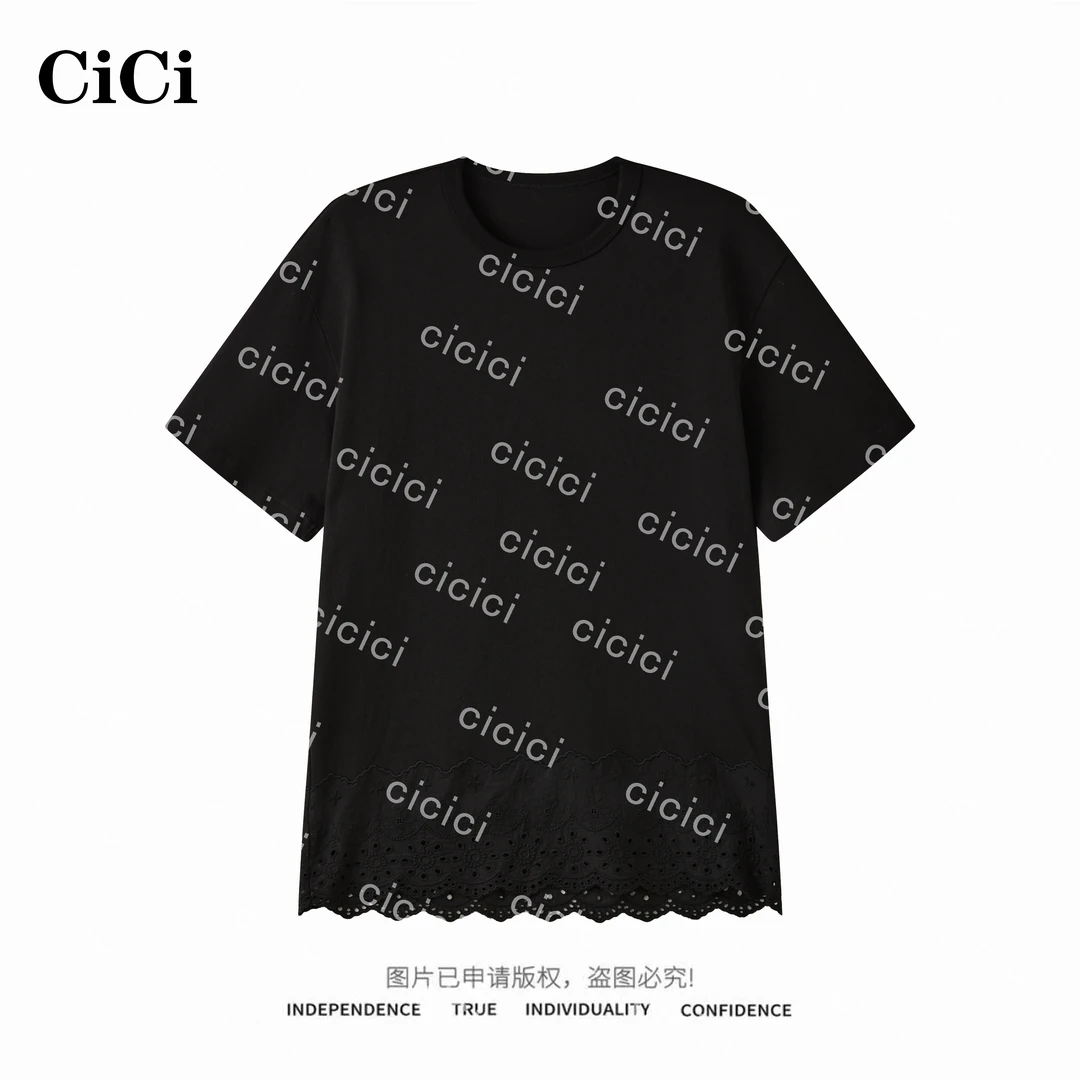 【CiCi酱】「风栖摆」2025春洋气百搭显瘦下摆拼蕾丝宽松短袖T恤