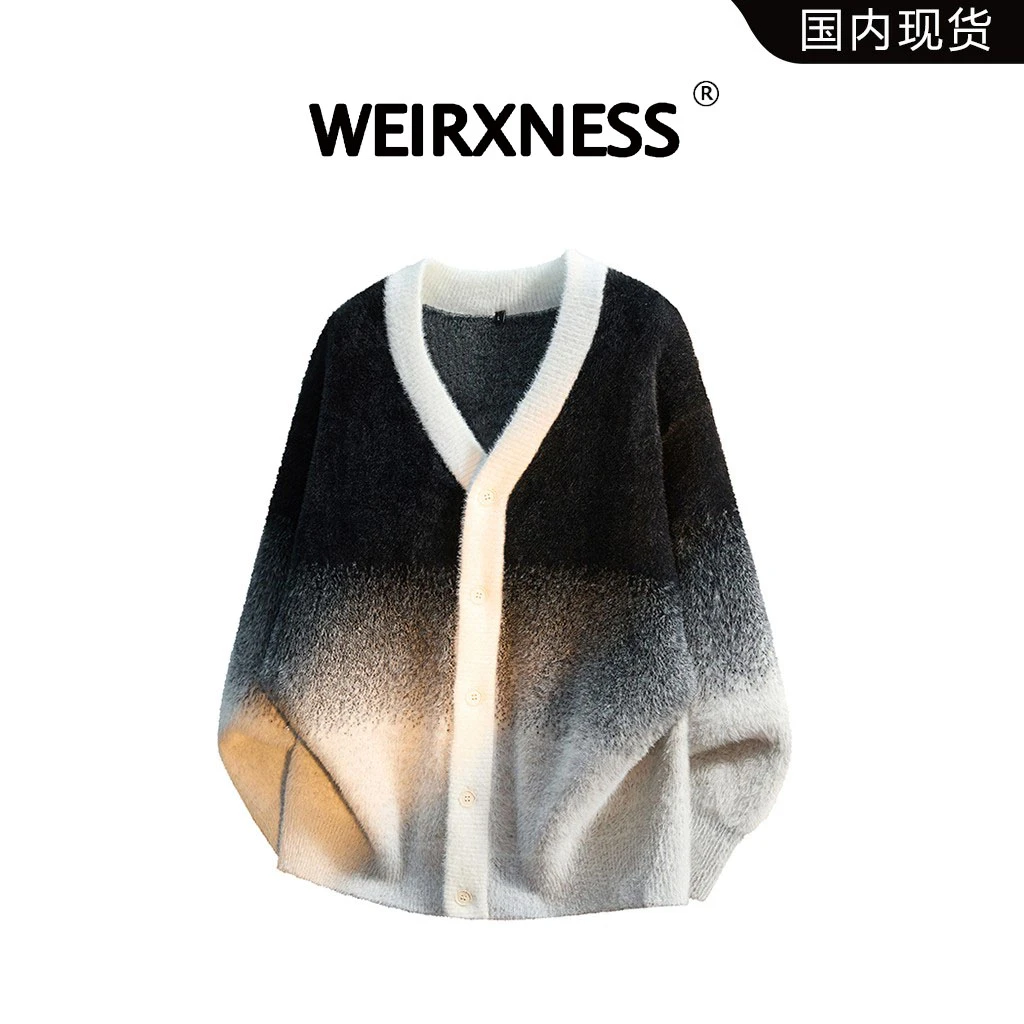 WEIRXNESS轻奢V领男款渐变毛衣2025秋冬仿貂毛慵懒风潮流开衫外套