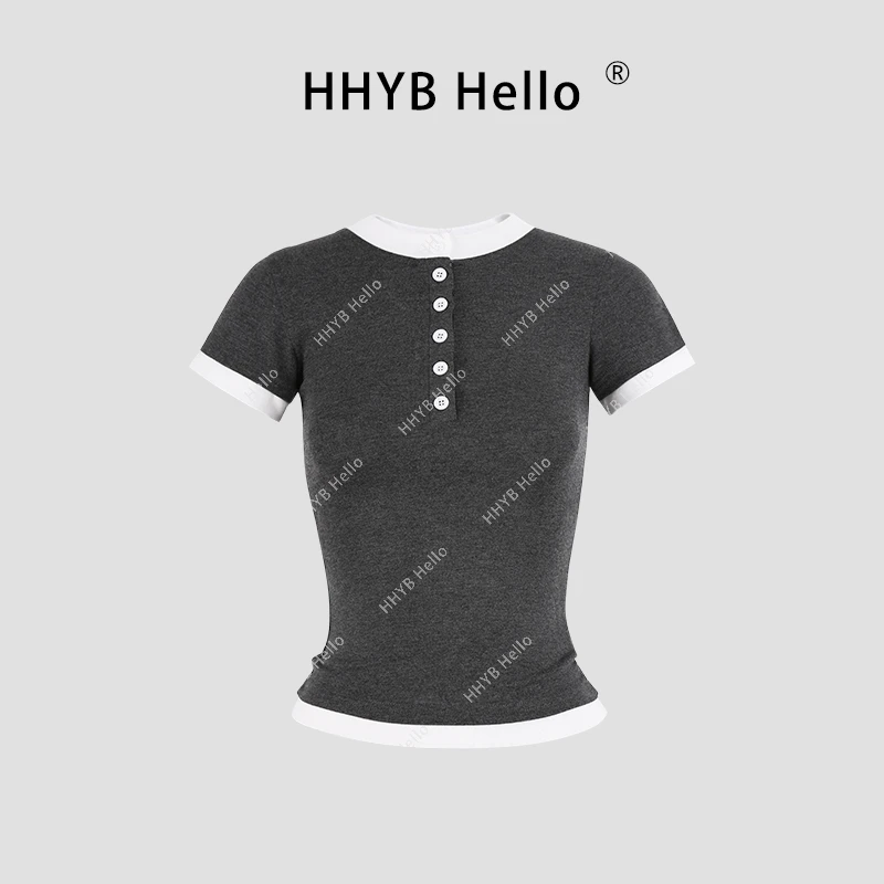 HHYB Hello【售完不补】百搭拼接撞色假两件纽扣短袖上衣250085