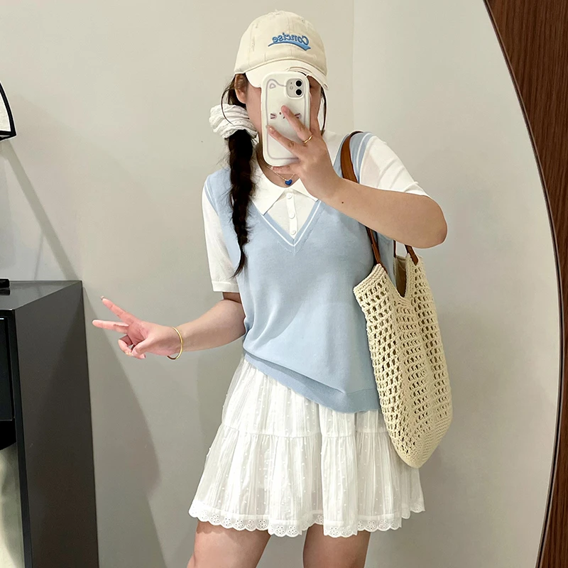 大码减龄学院风假两件上衣女POLO衫2025夏款胖mm针织短袖t恤23028