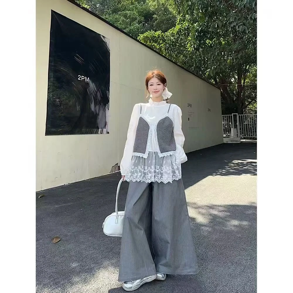 秋季胖MM大码女装甜美清新法式复古拼接上衣外搭阔腿裤裙三件套