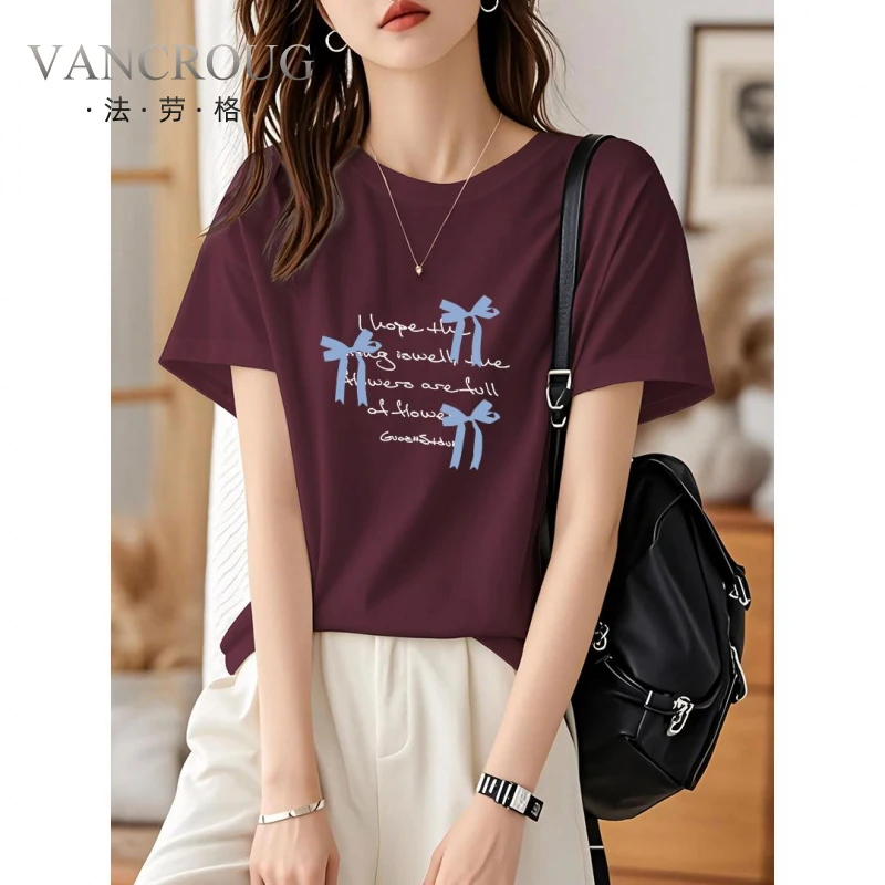 法劳格棉安可拉红色圆领短恤T恤女夏季时尚宽松显瘦打底大方衣服