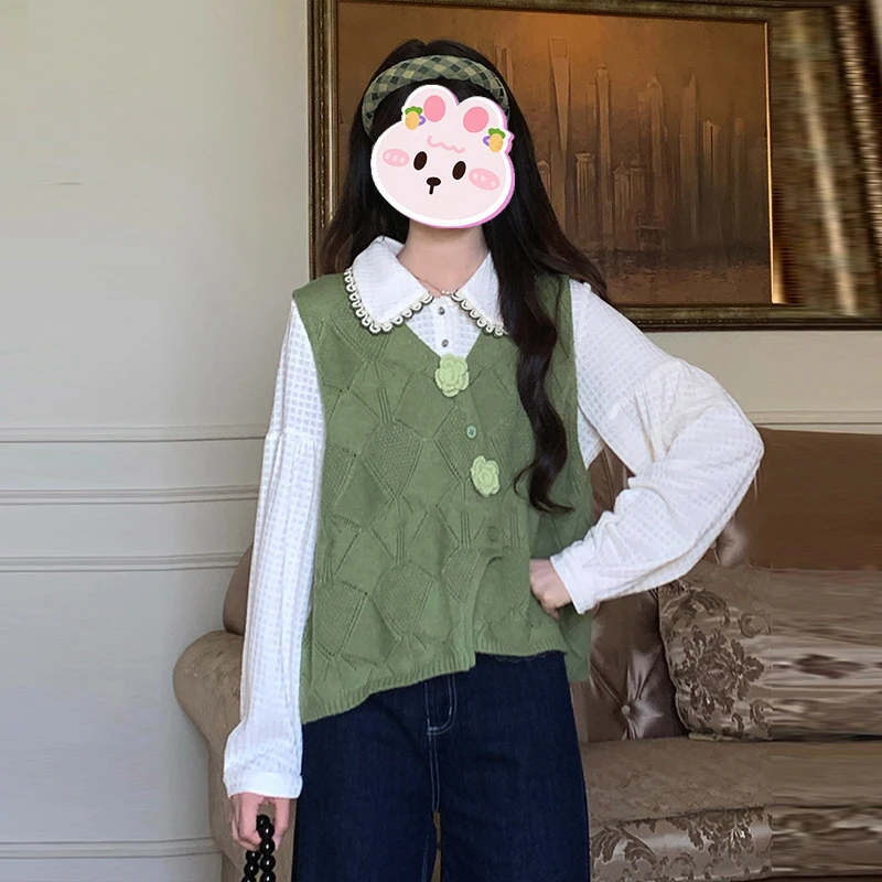 法式华夫格衬衫针织马甲背心叠穿套装女秋季设计感宽松外搭两件套