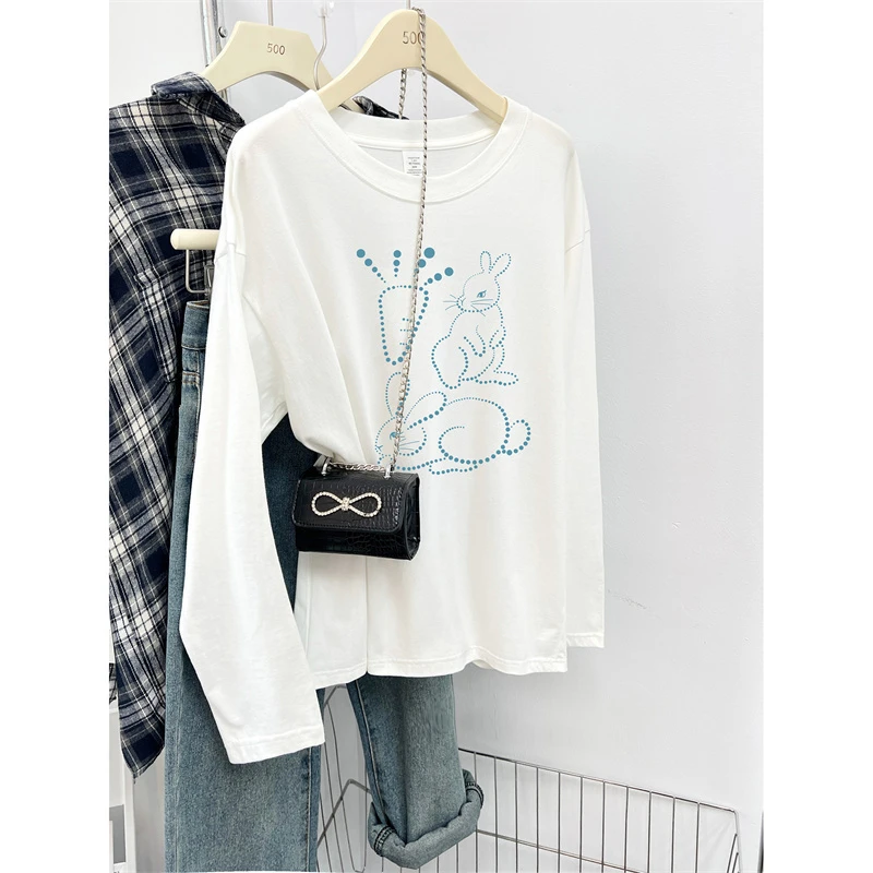 纯棉长袖T恤女秋季2025新款大码胖mm兔子印花圆领内搭打底衫上衣