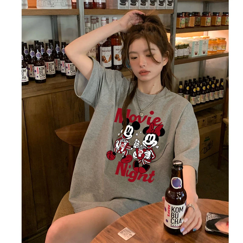 韩版新年米奇纯棉短袖情侣装半袖衫潮牌夏季休闲t恤红色百搭上衣