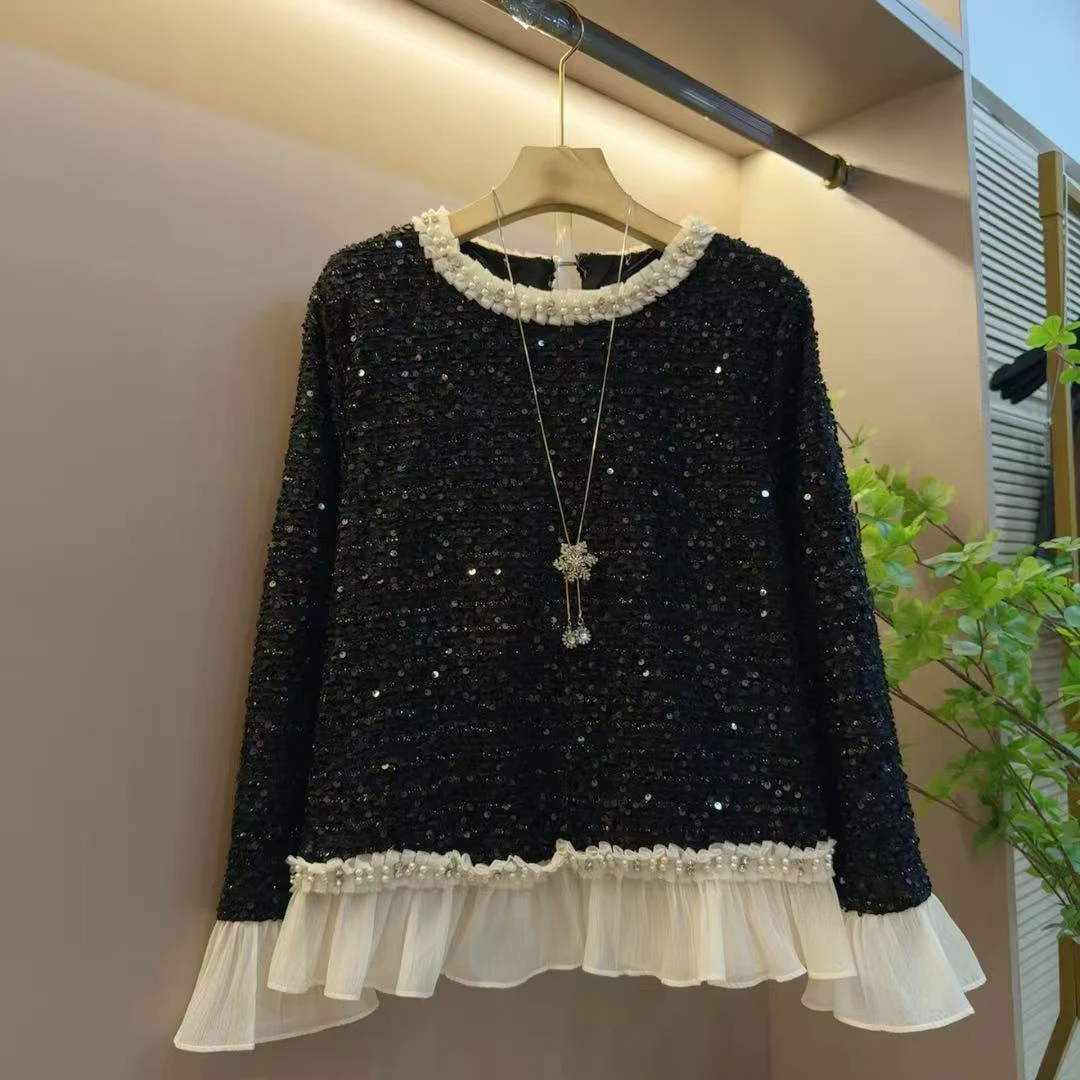 秋季小香风新款韩版设计时尚拼接女款洋气满天星上衣(长61左右)