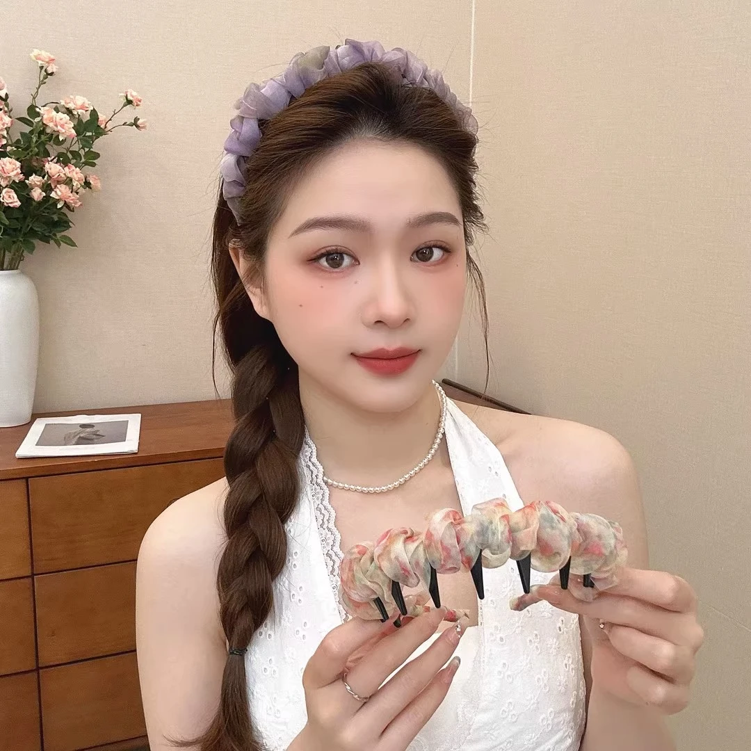 2025新款炫彩渐变超仙褶皱网纱波浪发箍女夏季带齿防滑高颅顶头箍