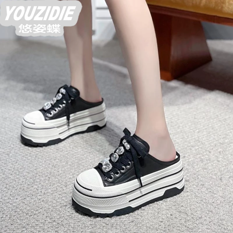 欧货轻奢松糕厚底包头半拖鞋女2025春季新款增高水钻外穿休闲凉拖