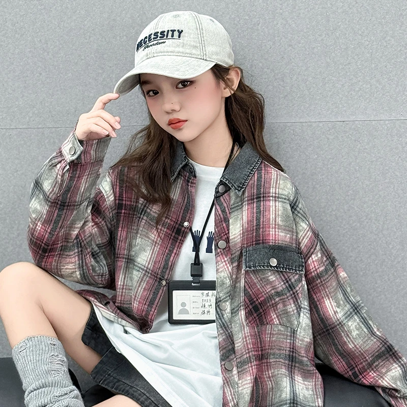 女童外套8-16岁洋气上衣休闲宽松相拼百搭格子衬衫潮酷童装25A62