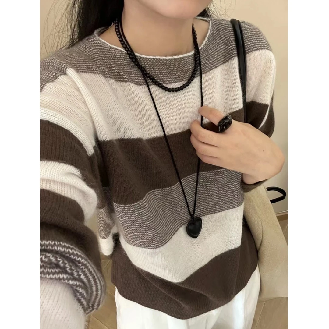 3380韩版慵懒风撞色条纹长袖毛针织上衣女秋冬软糯宽松毛衣