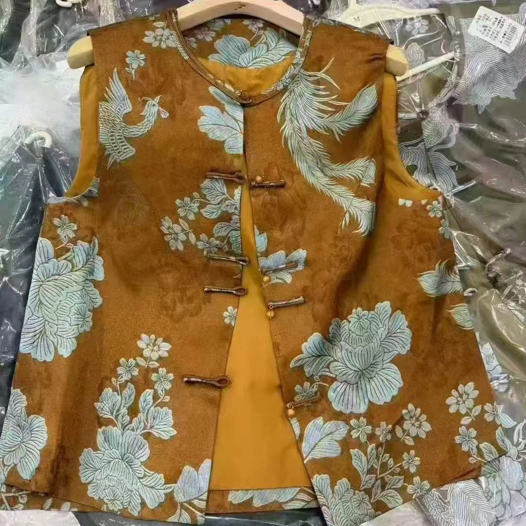 新中式国风高端提花立领复古凤凰图案女士马甲上衣