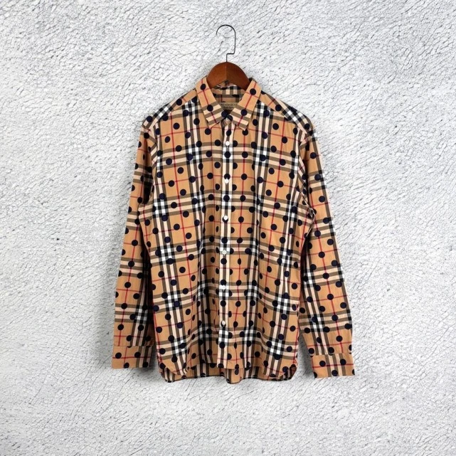 99新 BURBERRY/博柏利 卡其色经典条纹满印格纹波点长袖衬衫/L