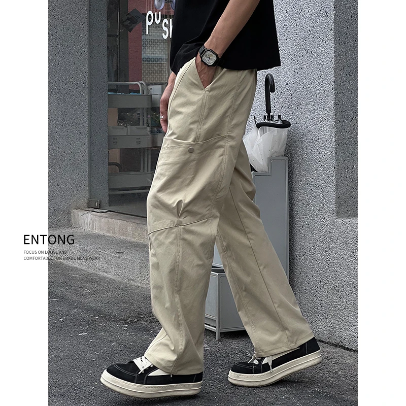 Entong日系街头复古斜切解构宽松潮牌工装休闲裤男生薄款直筒裤子