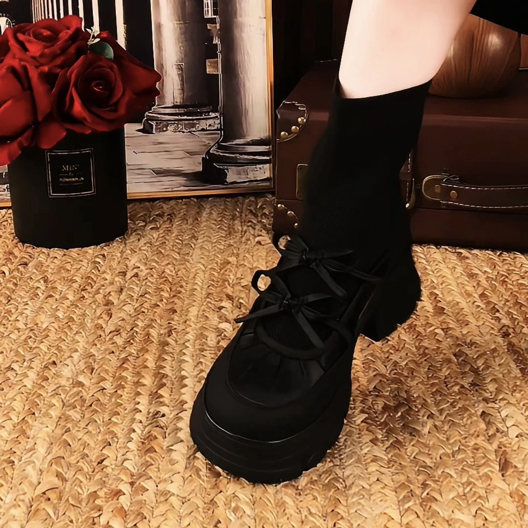 圆头厚底黑色马丁靴女款2025新款靴子秋季薄款英伦风弹力显瘦短靴