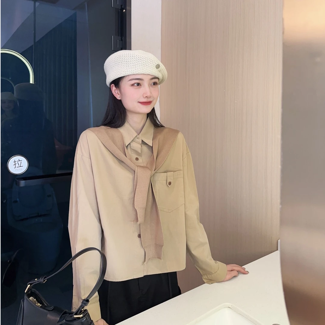 24Q26【衣长48】春秋新款小众设计感长袖衬衣女独特衬衫披肩两件套