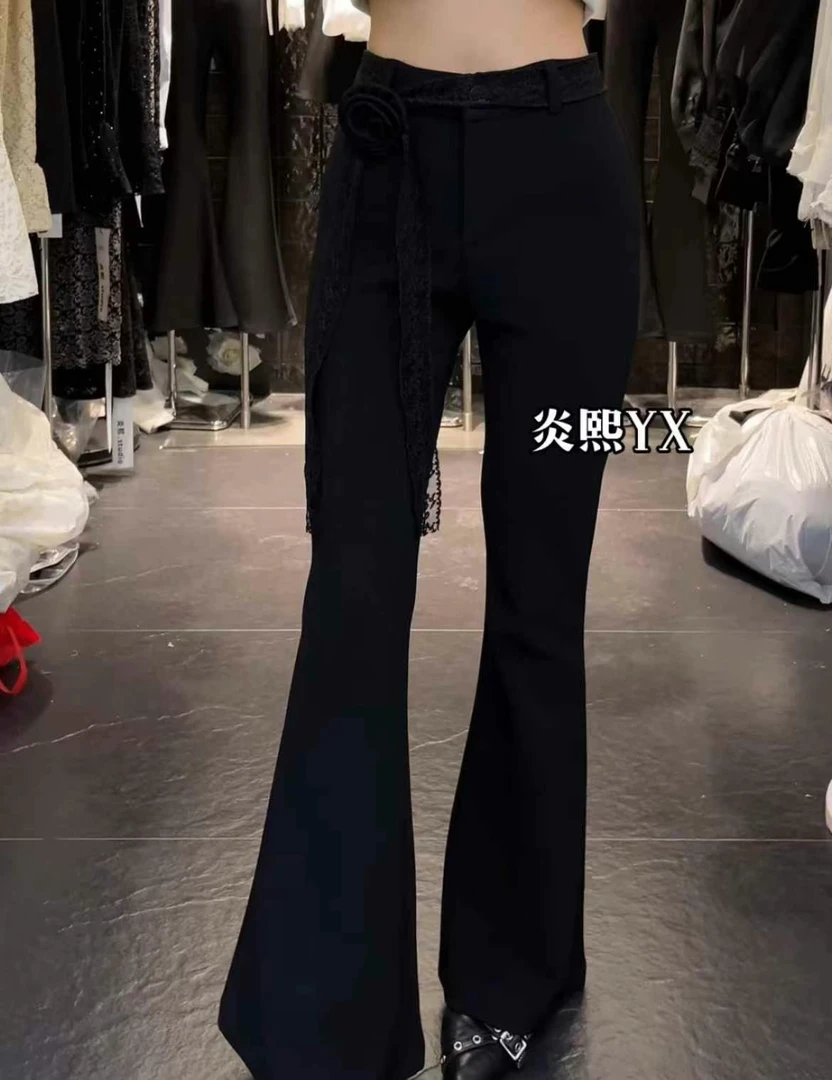 3898设计感玫瑰花蕾丝腰带微喇裤女春季高腰显瘦黑色喇叭裤子