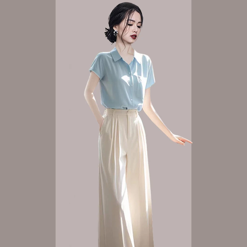 夏装穿搭一整套女2025新款高级感干练气质衬衫休闲阔腿裤两件套装