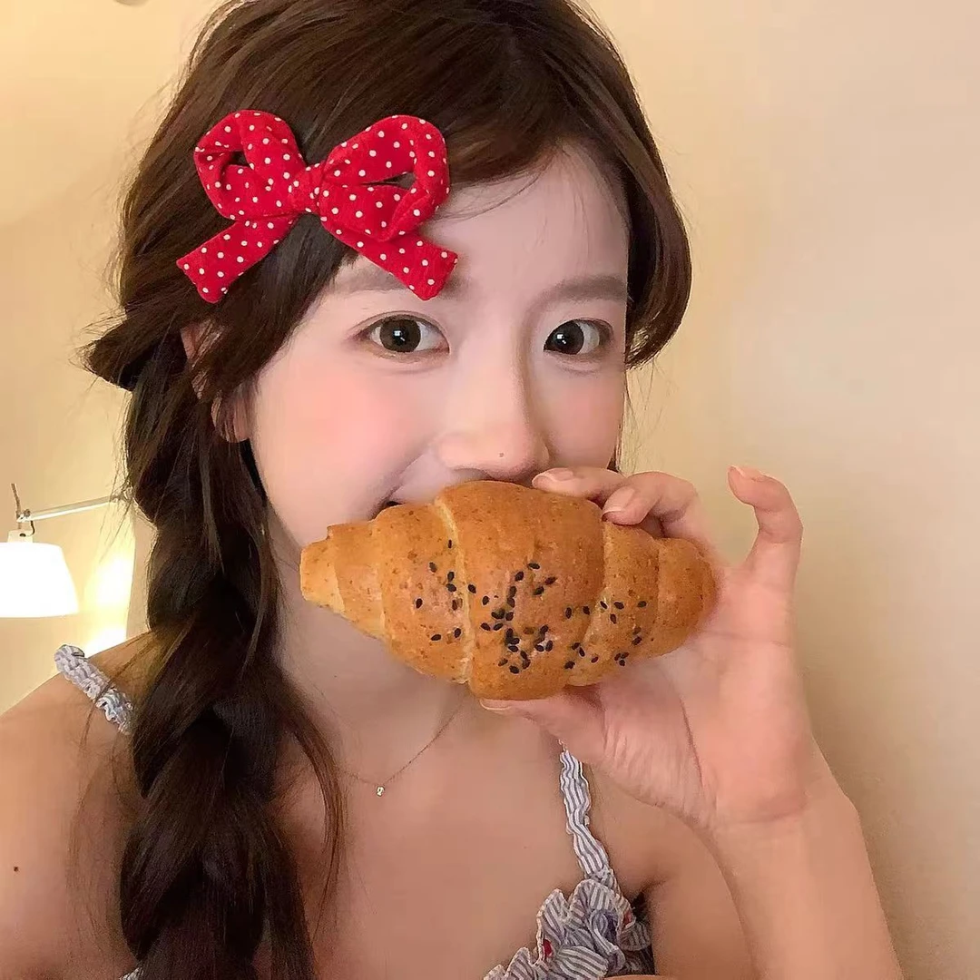 显白红色系波点格纹飘带蝴蝶结发夹鸭嘴夹少女边夹碎发刘海夹发饰