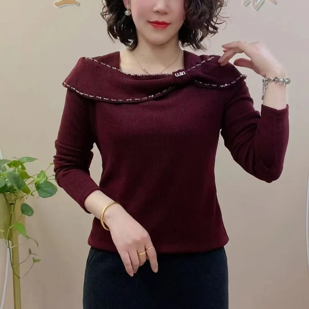 2025春季新款女士上衣蝴蝶结长袖小衫气质百搭修身显瘦洋气钉珠女