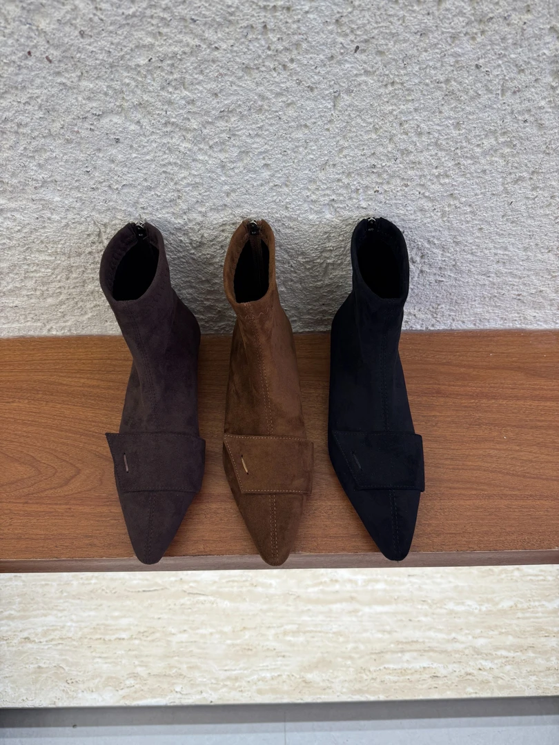 168-5尖头后拉链粗跟瘦瘦靴中跟短靴细跟时装靴弹力靴秋冬气质