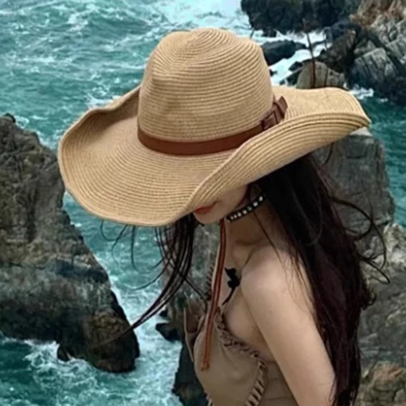 草原帽子女夏季户外旅游登山大檐草帽海边沙滩遮阳防晒帽牛仔帽子