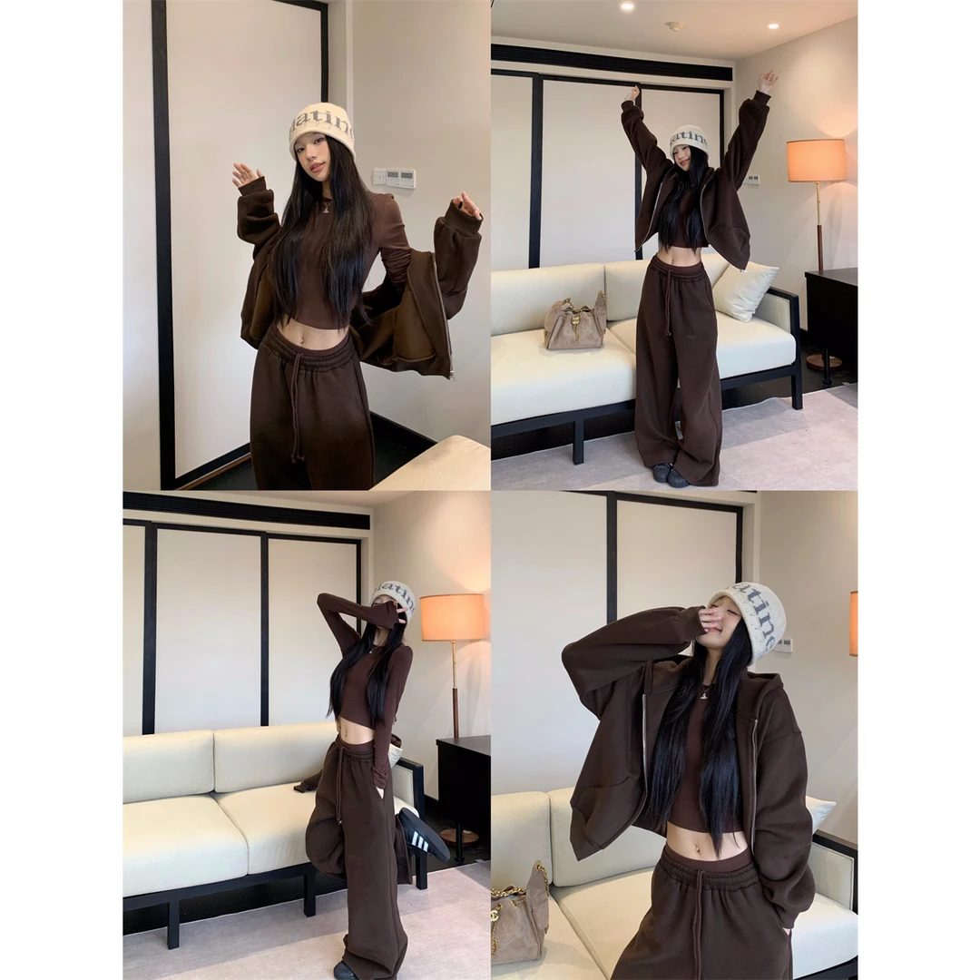 希妮丝【长期松弛主义】辣妹套装韩系慵懒风加绒卫衣卫裤复古三件套