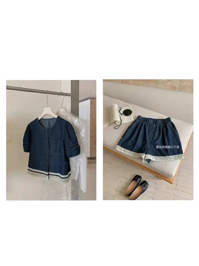 6596 土布鱼蕾丝拼接牛仔套装