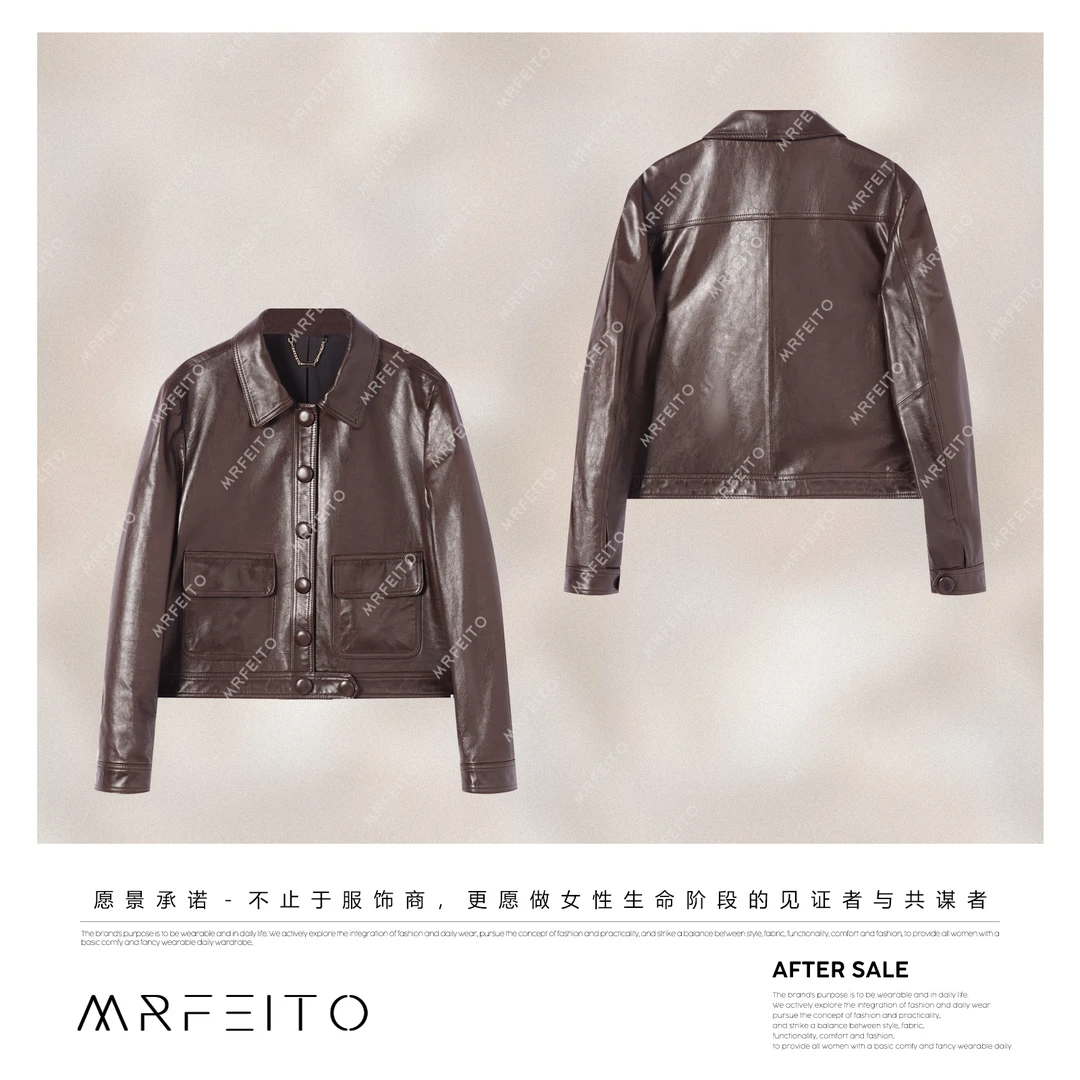 菲爷驾到【暖棕漫骑】秋款复古翻领休闲皮衣H207PY02Q32752