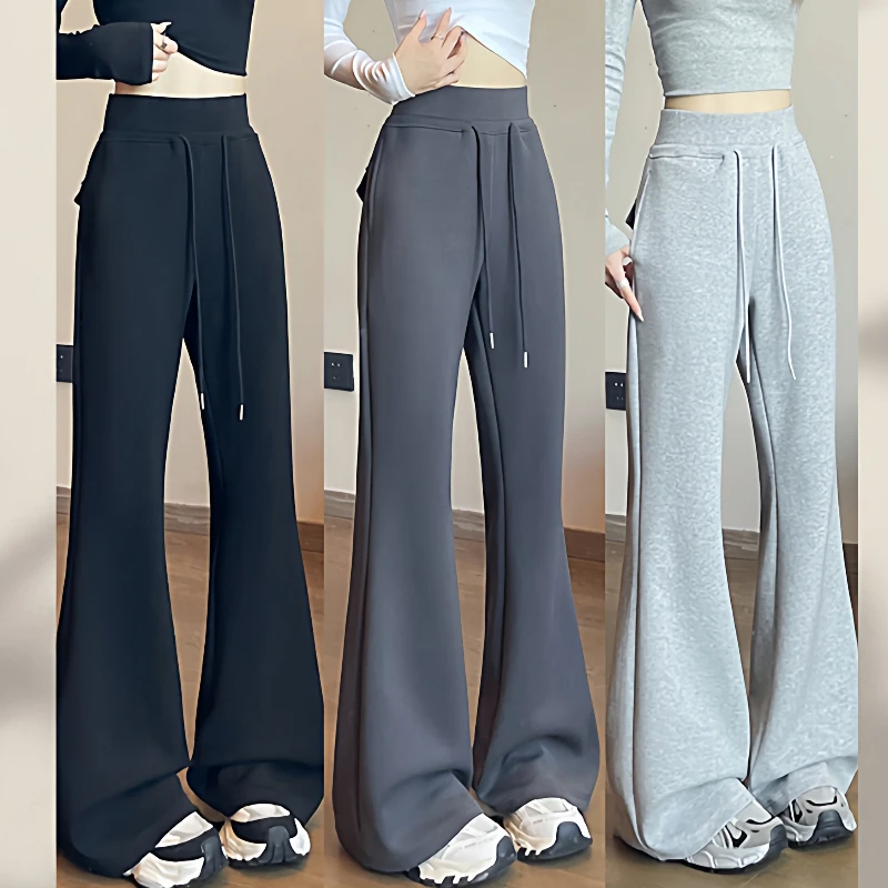 曼巴面微喇叭休闲卫裤爆款加厚阔腿灰色女款新款裤子加绒