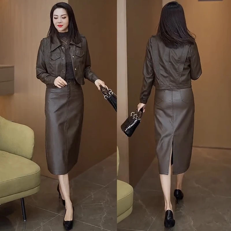 时尚套装裙女2024秋季新款气质显瘦小皮衣外套爆款皮裙洋气两件套