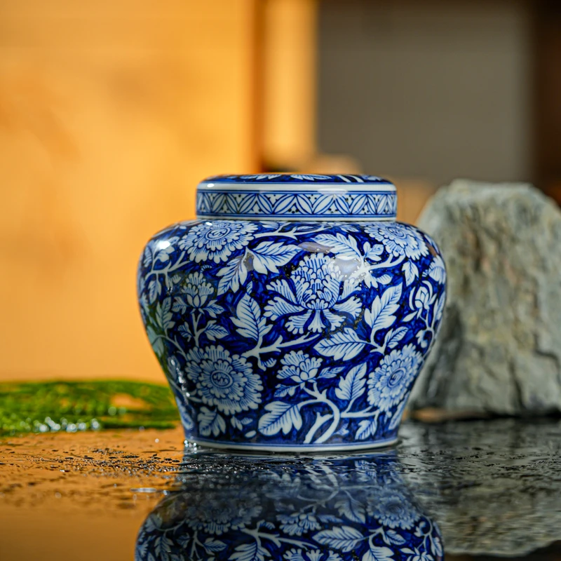 【墨舍名窑】青尧蓝底花卉茶叶罐（xygy169）景德镇陶瓷纯手工茶具